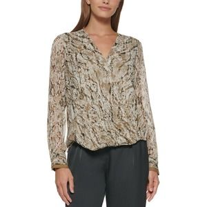 MSRP $79 DKNY Women's Snake Printed Faux-Wrap Top Brown Size L